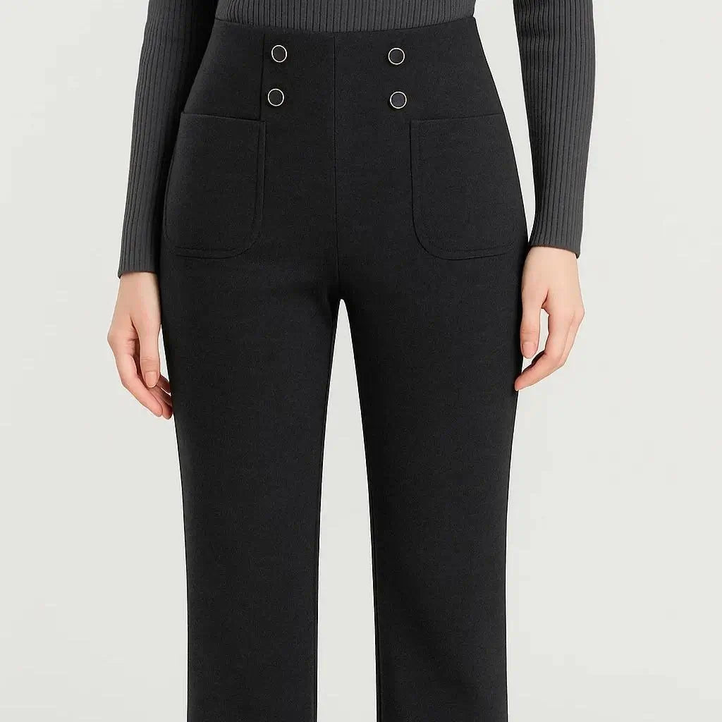 [Leve 3, Pague Só 2] Calça Solena Feminina em Algodão, Poliéster e Viscose de Cintura Alta com Botões Frontais